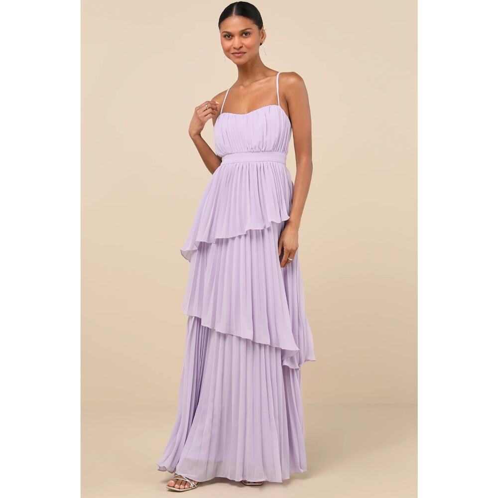 NWT Lulus Jehona Lavender Pleated Tiered Maxi Dress Medium